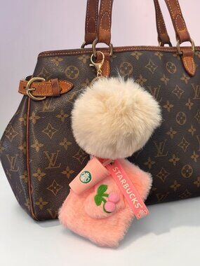 NEW 🍒 Pink & White Cherry Pouch Pom Pom Starbucks Cup Bag Charm Keychain Set